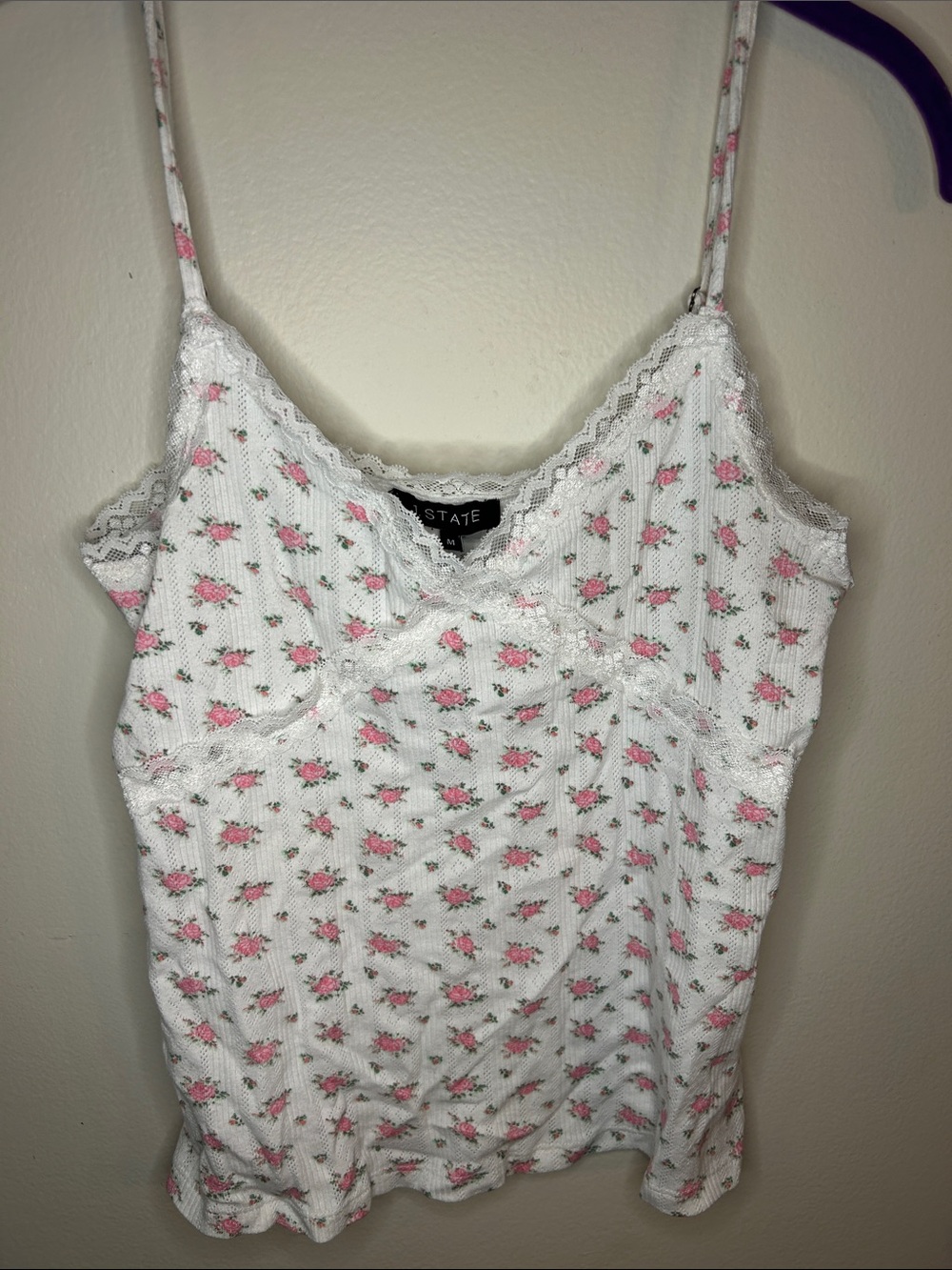 STATE White Cami with Pink Rose Print & Lace Trim